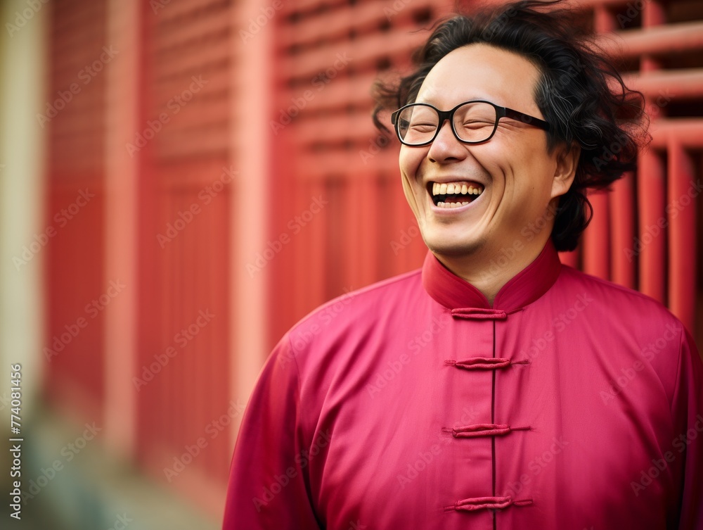 Fototapeta premium A man in a red shirt is smiling and laughing