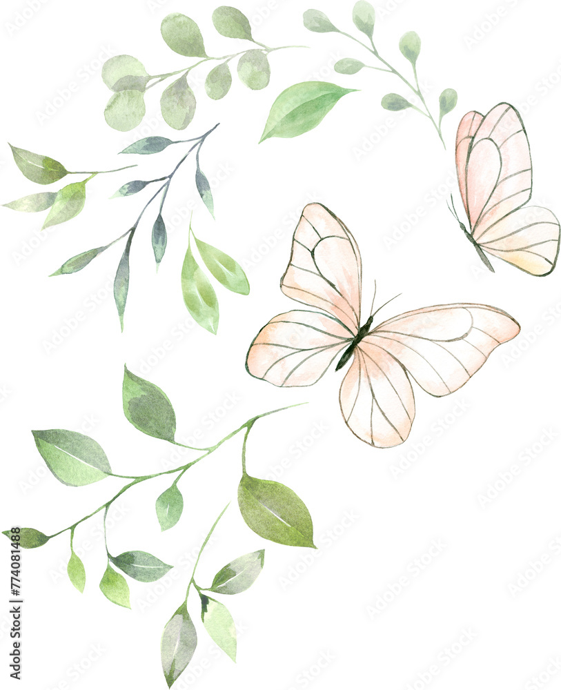 Watercolor arrangement with butterflies and green foliage.