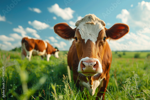 Curious cow in a green pasture under blue sky. Generative AI image photo