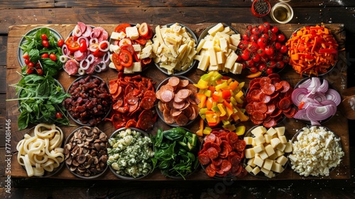 A vibrant assortment of colorful pizza toppings like vegetables, pepperoni, or other ingredients displayed on a rustic wooden board photo