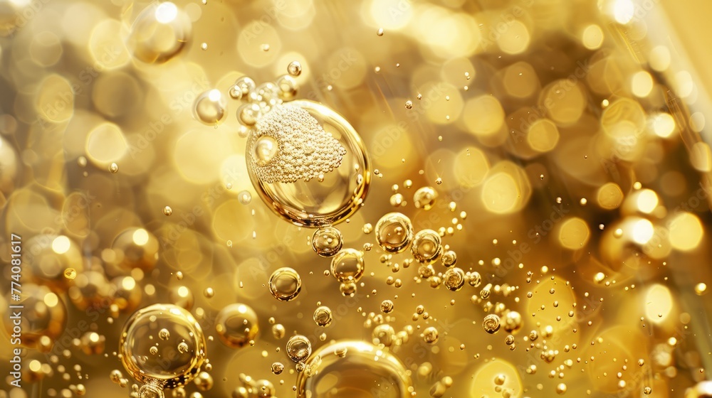 Close-up of water bubbles on a shiny gold surface, showcasing the effervescence and movement
