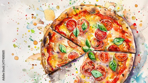 A whimsical watercolor painting of a Neapolitan pizza bursting with color and texture  photo