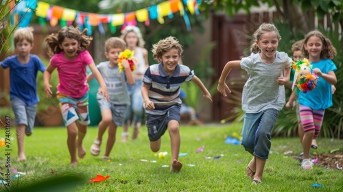 Children at a birthday party run through a yard  playing and having fun together
