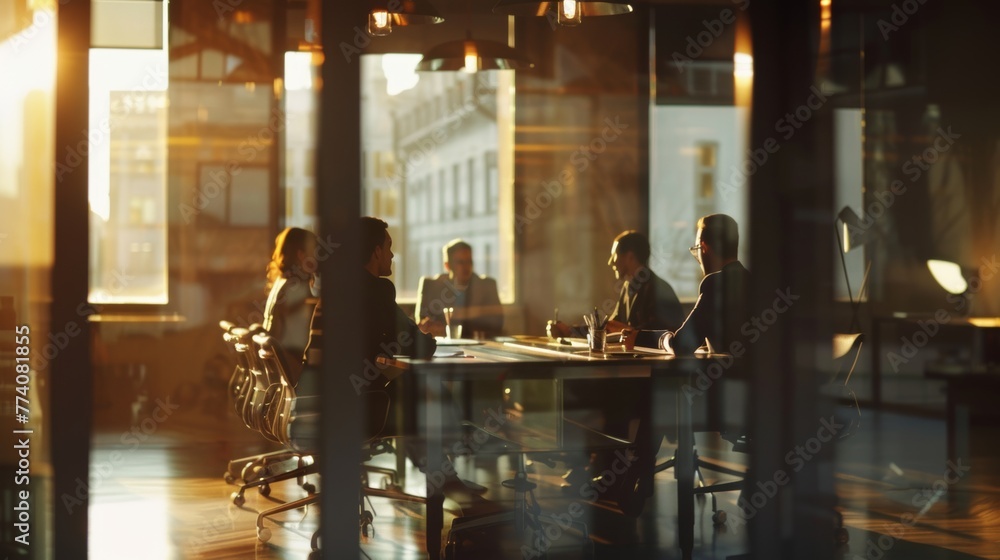 Business meeting at sunset, silhouetted people, office interior with city view.