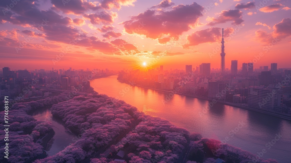 Springtime Sakura Bliss Mountain and Sea Sakura s cherry blossom in the city - obrazy, fototapety, plakaty 