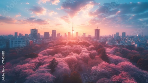 sunrise over the city, Springtime Sakura Bliss Mountain and Sea Sakura s cherry blossom in the city #774081813