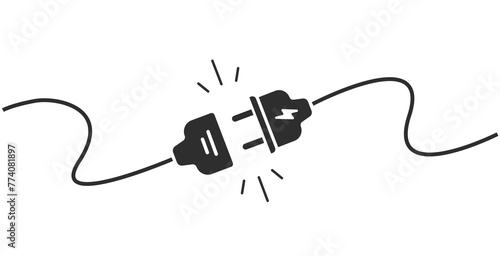 Electric plug socket connect disconnect cable wire icon simple graphic illustration, idea of error failure 404 web page black white, electricity energy power cut, circuit network stop working image photo