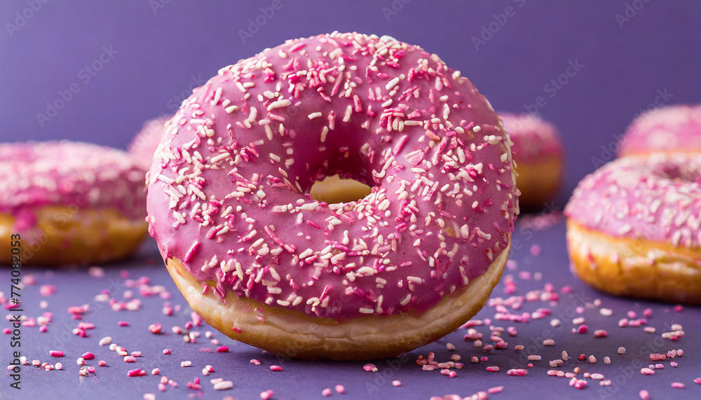 Tasty donuts with pink icing on purple background. Sprinkled sweet treat. Colorful glazed doughnut.