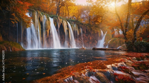 Captivating evening view of pure water waterfall in Plitvice National Park. Spectacular autumn sunset in Croatia, Europe. Beauty of nature concept background.