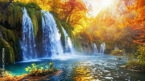 Captivating evening view of pure water waterfall in Plitvice National Park. Spectacular autumn sunset in Croatia  Europe. Beauty of nature concept background.