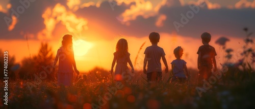 Summertime, silhouette of happy children on meadow, sunset