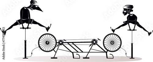Man and woman inflating the wheel on the tandem bike. Broken tandem bike. Cyclist man cyclist woman inflating the wheel on the tandem bike. Sportsperson repairs the bicycle