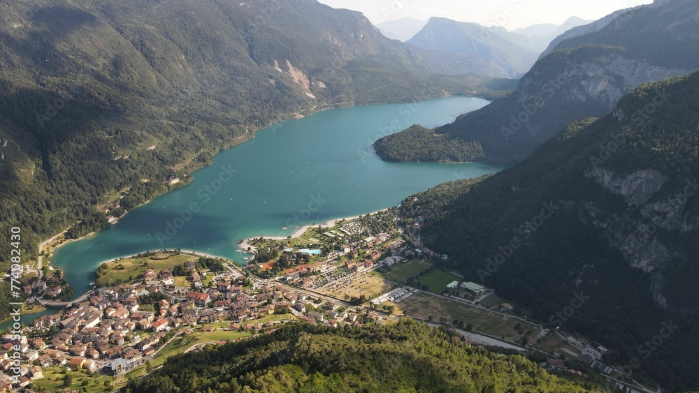 Aerial views of the Lake of Molveno, in the Trentino region Italy.