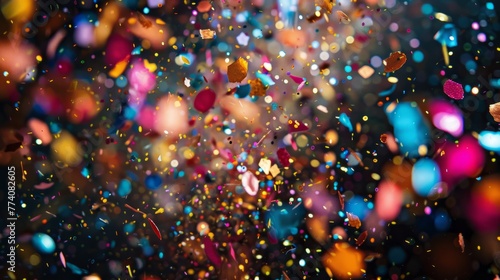 A closeup of colorful confetti particles suspended in midair on a black background, creating an explosion of vibrant colors