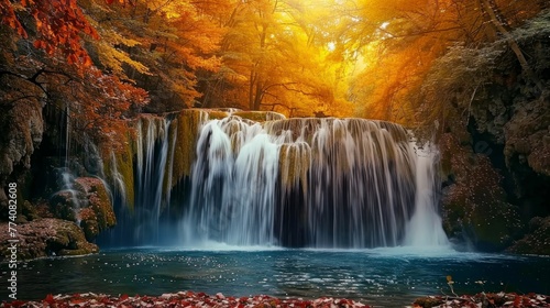 Colorful autumn waterfall landscape. Autumn colors in beautiful nature. Forest view in fall season.