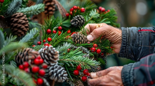 A man is adding pine cones and red berries to a Christmas wreath  creating a festive holiday decoration with natural elements