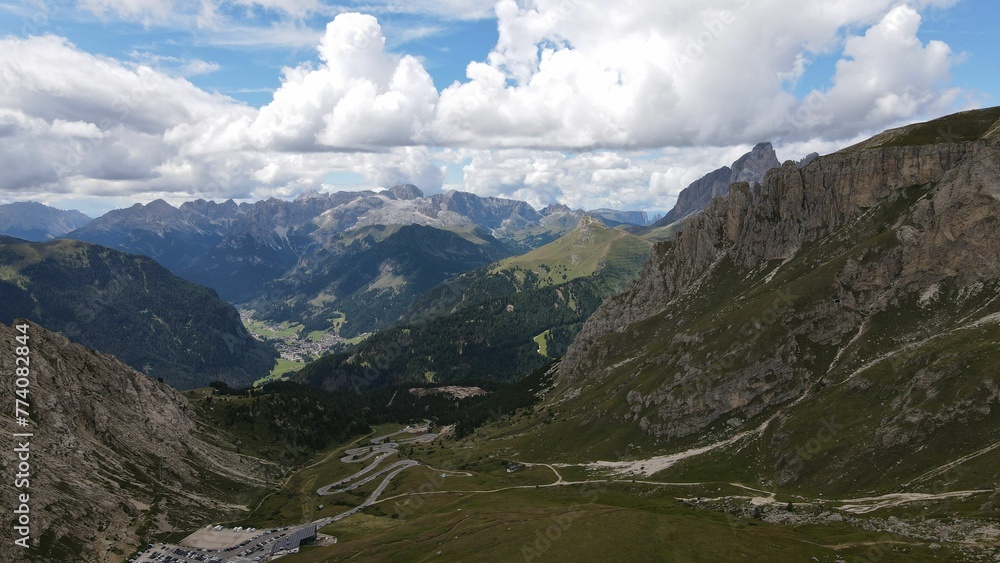 Obraz premium Aerial view of the mountain peaks of the Dolomites in Italy