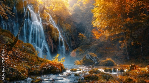 Colorful autumn waterfall landscape. Autumn colors in beautiful nature. Forest view in fall season.