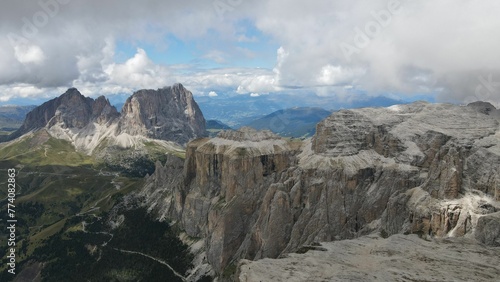 Aerial view of the mountain peaks of the Dolomites in Italy