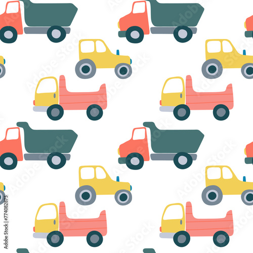 Vector transport seamless pattern. Yellow tractor and trucks flat style on white background