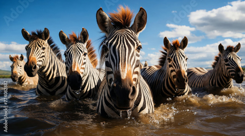 Zebras in water with golden light reflections. Generative AI image photo