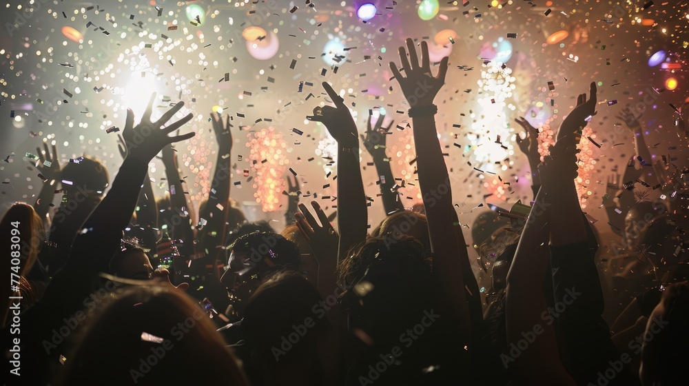 A lively crowd of people at a concert, hands in the air, celebrating with confetti falling around them