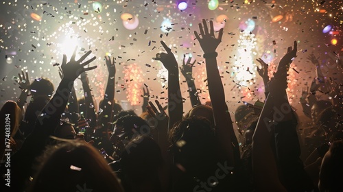 A lively crowd of people at a concert, hands in the air, celebrating with confetti falling around them