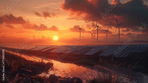 A solar farm and wind turbines against the backdrop of a beautiful sunset
