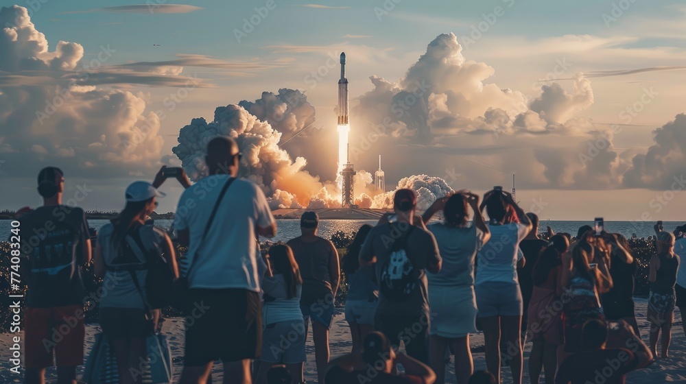 Spectators, families, and space enthusiasts watching a rocket launch from RGJfC at the beach with excitement and awe - obrazy, fototapety, plakaty 