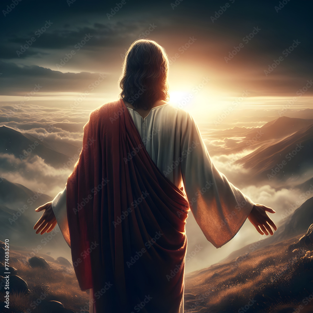 Jesus walking in glory, back view - obrazy, fototapety, plakaty 
