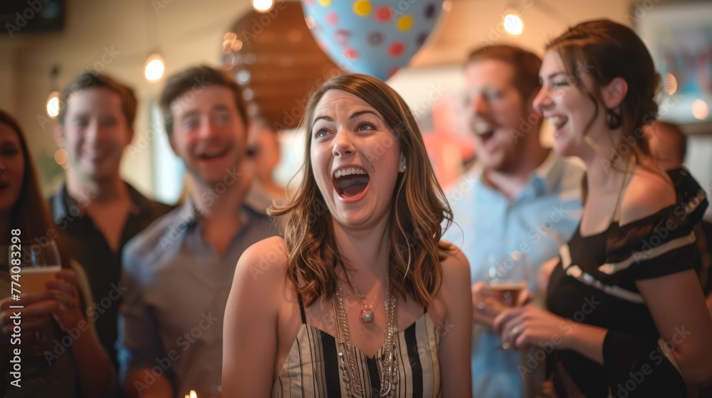 A group of excited guests gathering around the birthday person as they walk into a surprise party, celebrating together with smiles and cheers