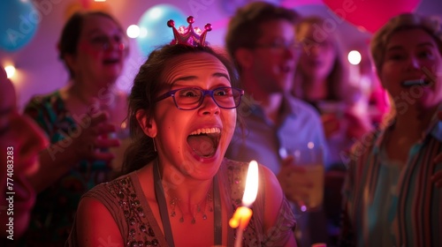 A woman wearing a crown on her head holds a candle during a surprise birthday party