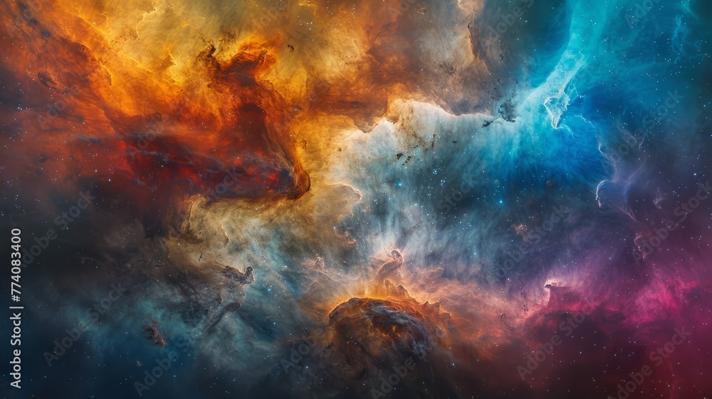 A vibrant space featuring swirling clouds of gas and dust clustered among countless stars