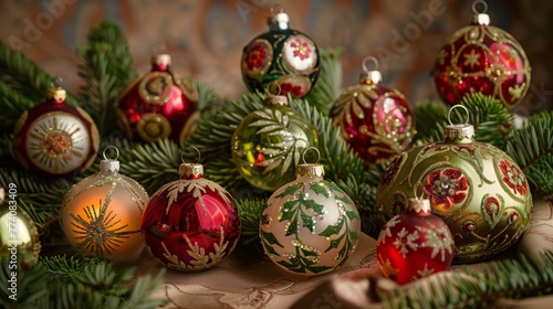 A group of vintage Christmas ornaments is displayed on a table against a softly lit background