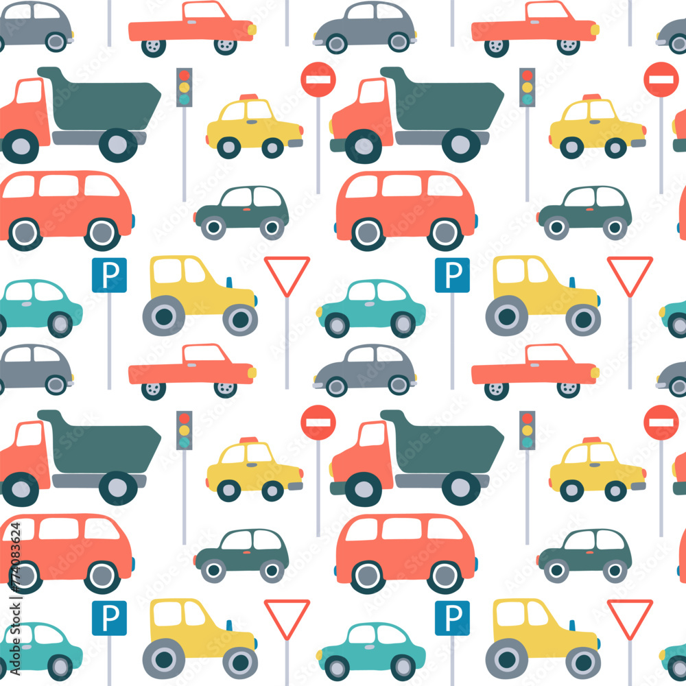 Vector road cars flat seamless pattern. Flat style cars pattern