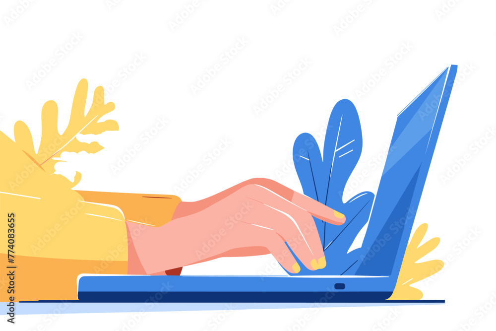 Obraz premium Vector illustration hands typing on a laptop. Remote work, freelance, technology. Flat vector illustration.