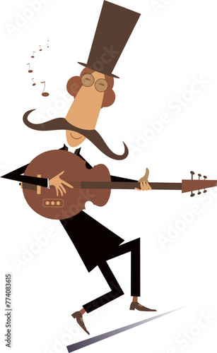 Cartoon long mustache guitarist is playing music. 
Long mustache man in the top hat playing guitar and singing. Isolated on white background
 photo