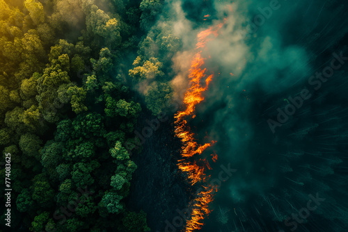 Wildfire consuming forest from aerial perspective. Generative AI image photo