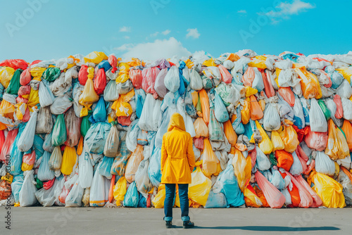 Environmental worker confronting towering piles of colorful waste. Generative AI image photo
