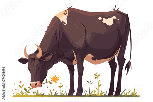 A stylized illustration of a brown cow peacefully grazing in a field with flowers. Farm domestic animal. Flat vector illustration.