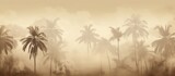 Group of tall slender palm trees standing in a foggy area with a serene and mysterious atmosphere