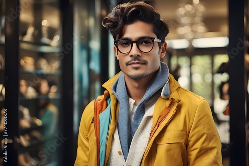 A stylish individual sporting a collection of glasses in various hoes and shapes, each one is adding a unique touch to their ansemble,portrait of a person
