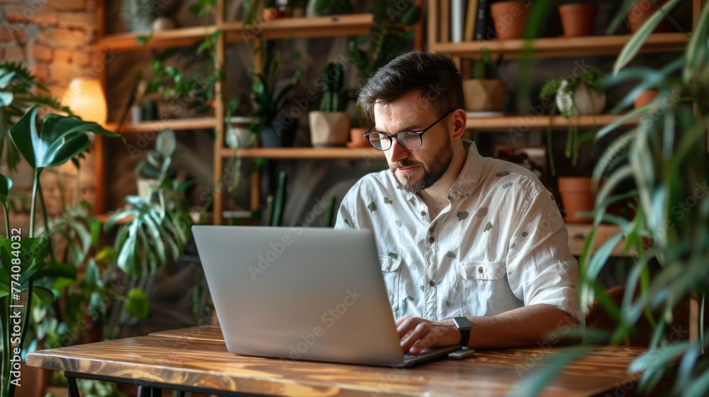A man is sitting at a desk with a laptop in front of him A man is sitting at a desk with a laptop in front of him