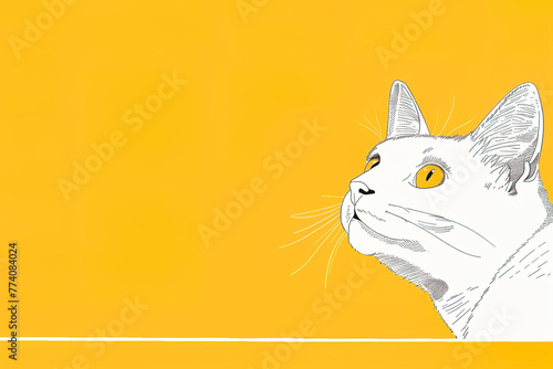 Hand-drawn white cat illustration on yellow background. Generative AI image