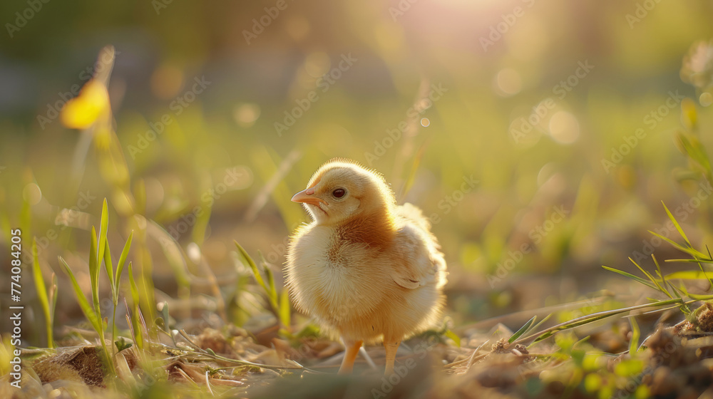 A small yellow chick is standing in the grass A small yellow chick is standing in the grass