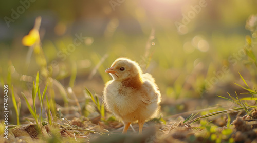 A small yellow chick is standing in the grass