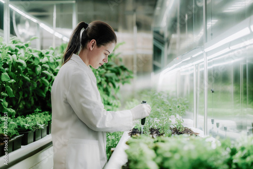 Side view of caucasian female scientist examining plants in lab. Generative AI photo