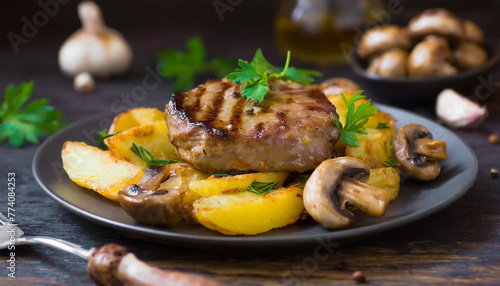 Plate with fried potatoes, grilled meat and mushrooms. Green parsley. Tasty food. Delicious dish