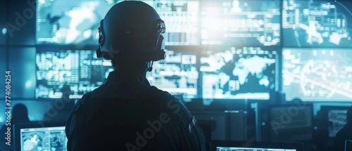 Military Surveillance Officer Working on City Tracking Operation in a Central Office Hub for Cyber Control and Monitoring to manage national security, technology, and Army communications.