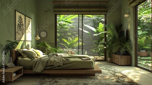 A bedroom with a green color theme and a lot of plants